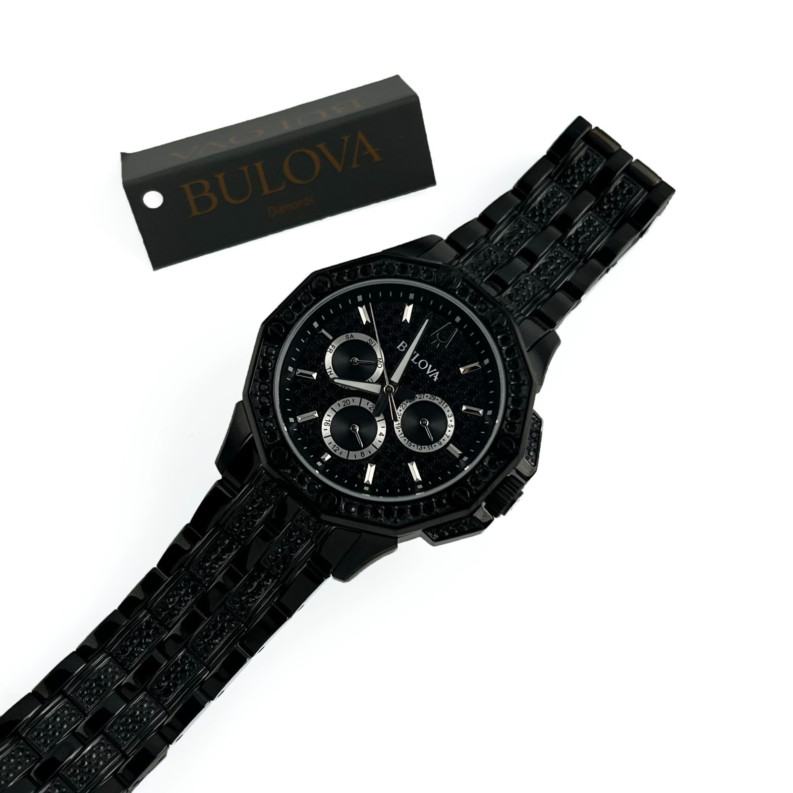 Bulova Octova Crystal 98c134 Mens Quartz Black Stainless Steel Gemmed Dial 41mm
