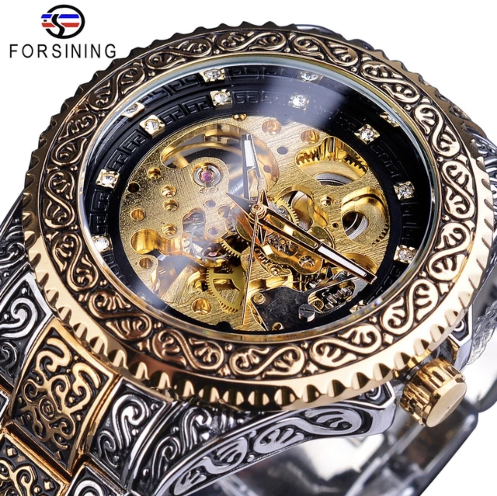Automatic Luxury Stainless Steel Skeleton Silver Gold Retro Carved Mens Watch
