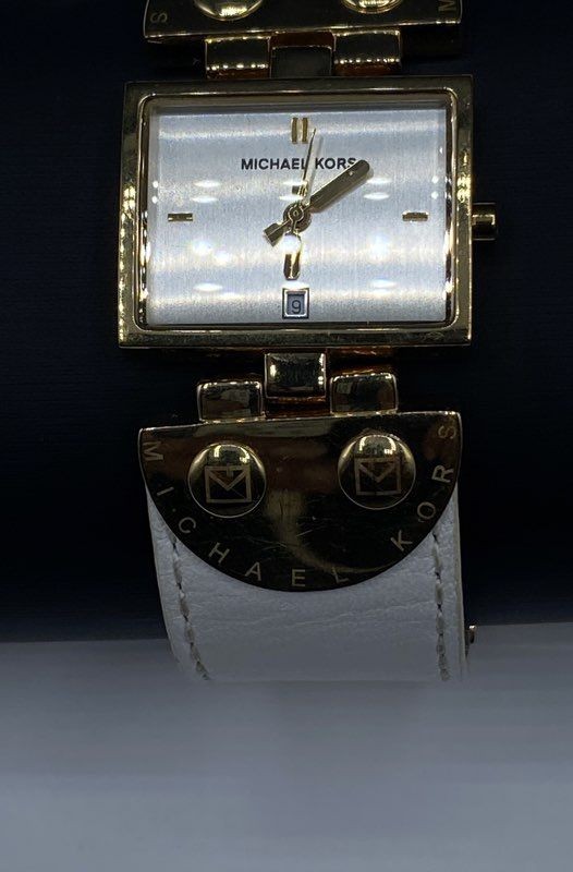 Michael Kors MK-4053 Women’s Gold Tone Square Watch White Leather Band 7″