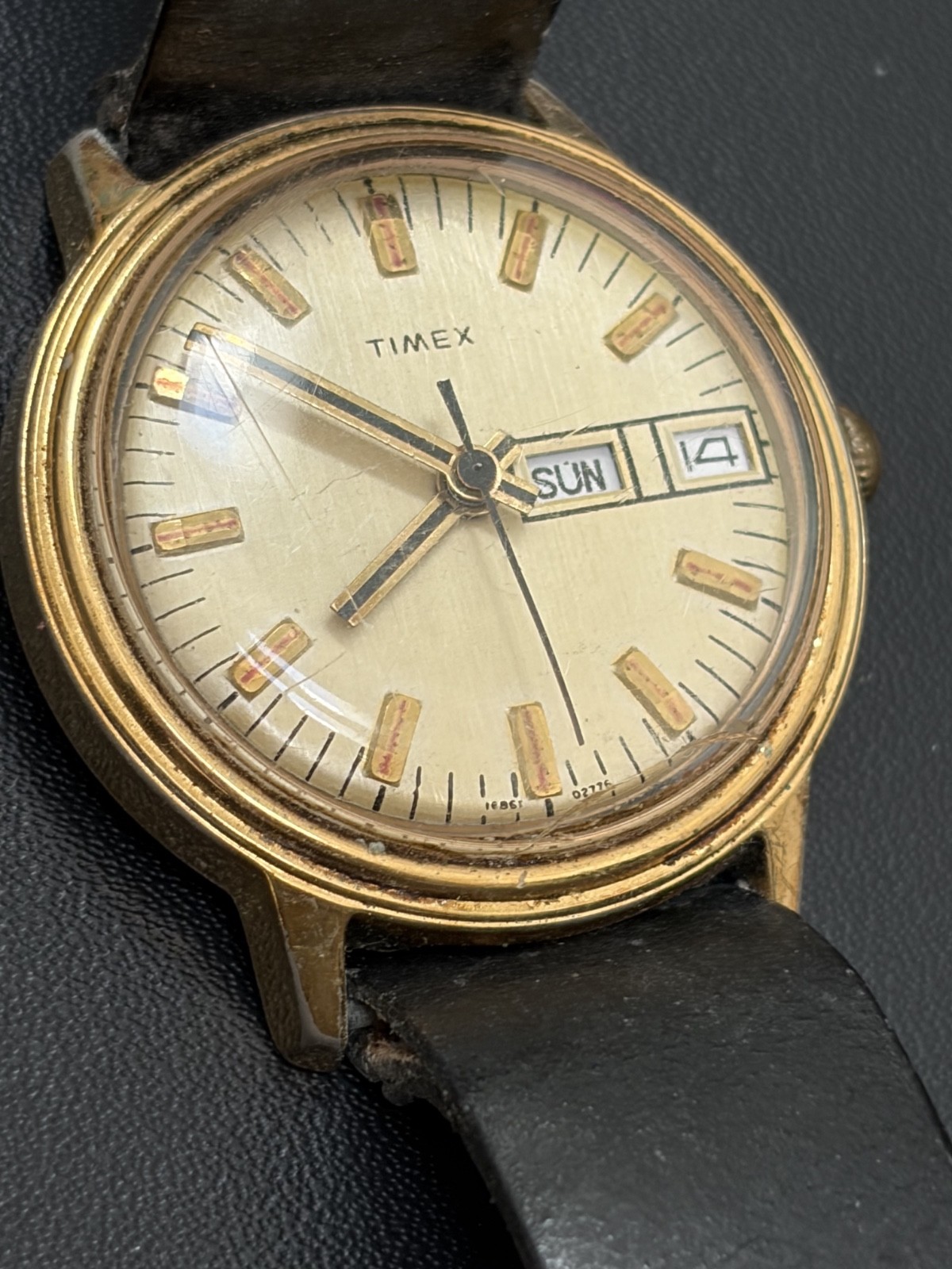 Vintage 1976 Timex Mercury Manual Wind Watch Gold Tone Sunburst Dial