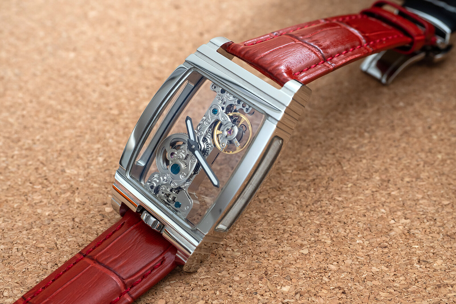 Mens Manual Mechanical Watch – Chrome Silver Bridge Red Leather Deployant Buckle