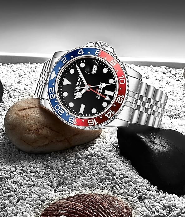 Stuhrling Meridian 3968.2 GMT QUARTZ Pepsi Black Dial Blue & Red Bezel Jubilee