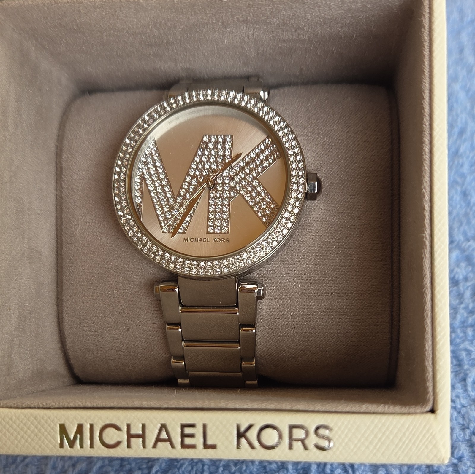 Michael Kors Women’s Quartz Analog Dress Watch Gold Bracelet Logo Gem Bezel