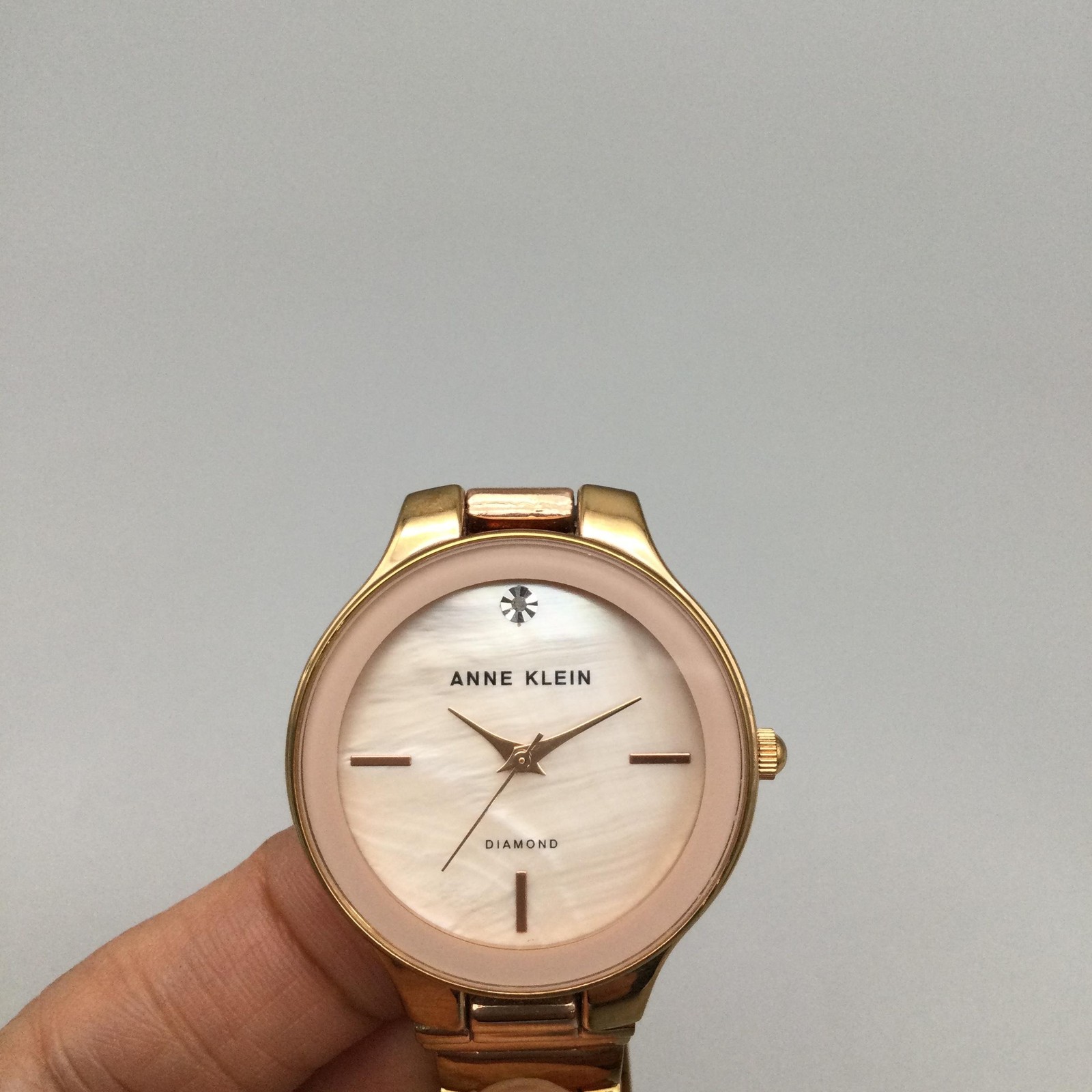 Anne Klein Diamond Womens Watch 32mm Pink MOP Dial Gold Tone New Battery 7.25″