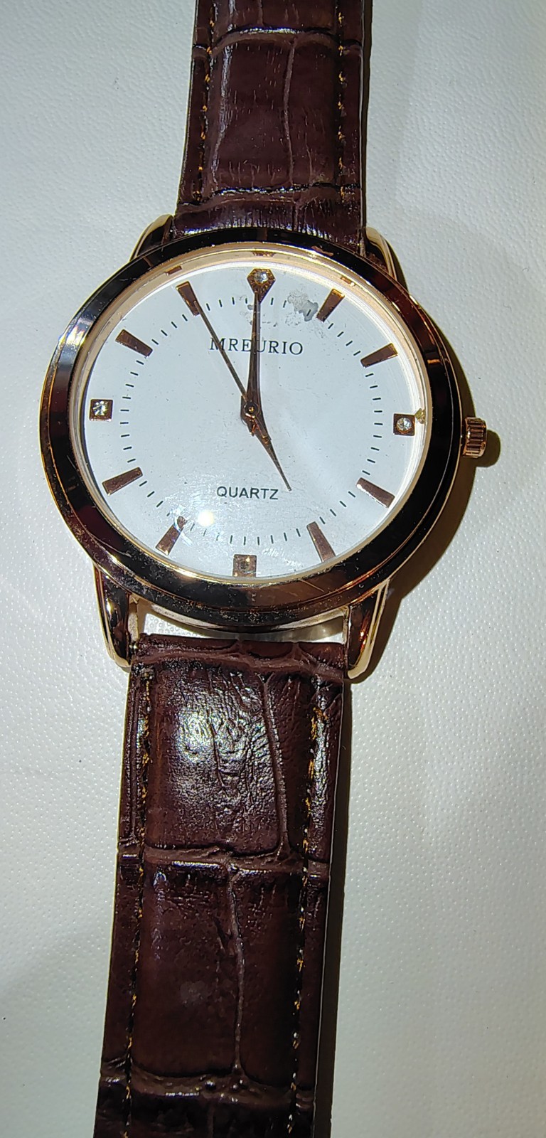 Mens Mreurio Round Rose Gold Tone Brown Leather Band Analog Watch
