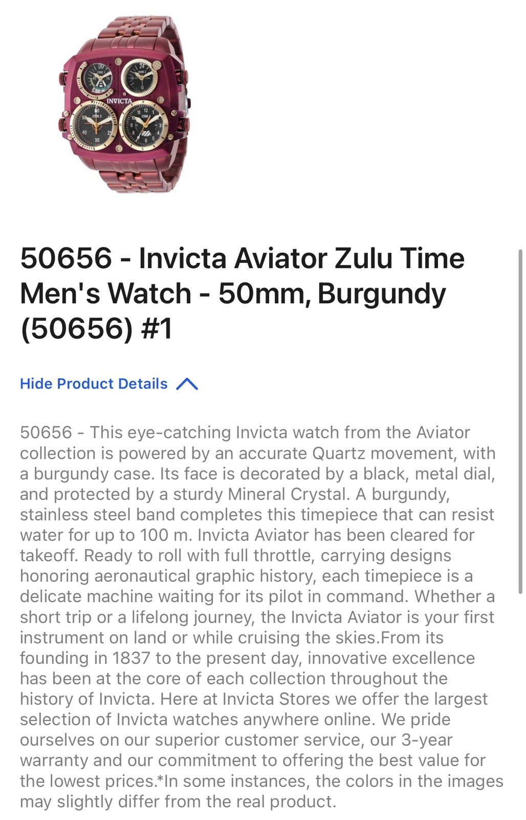 🔥NEW🔥Invicta Aviator ZULU TIME 4 Time Zone Pilot Men’s 50mm Burgundy 50656