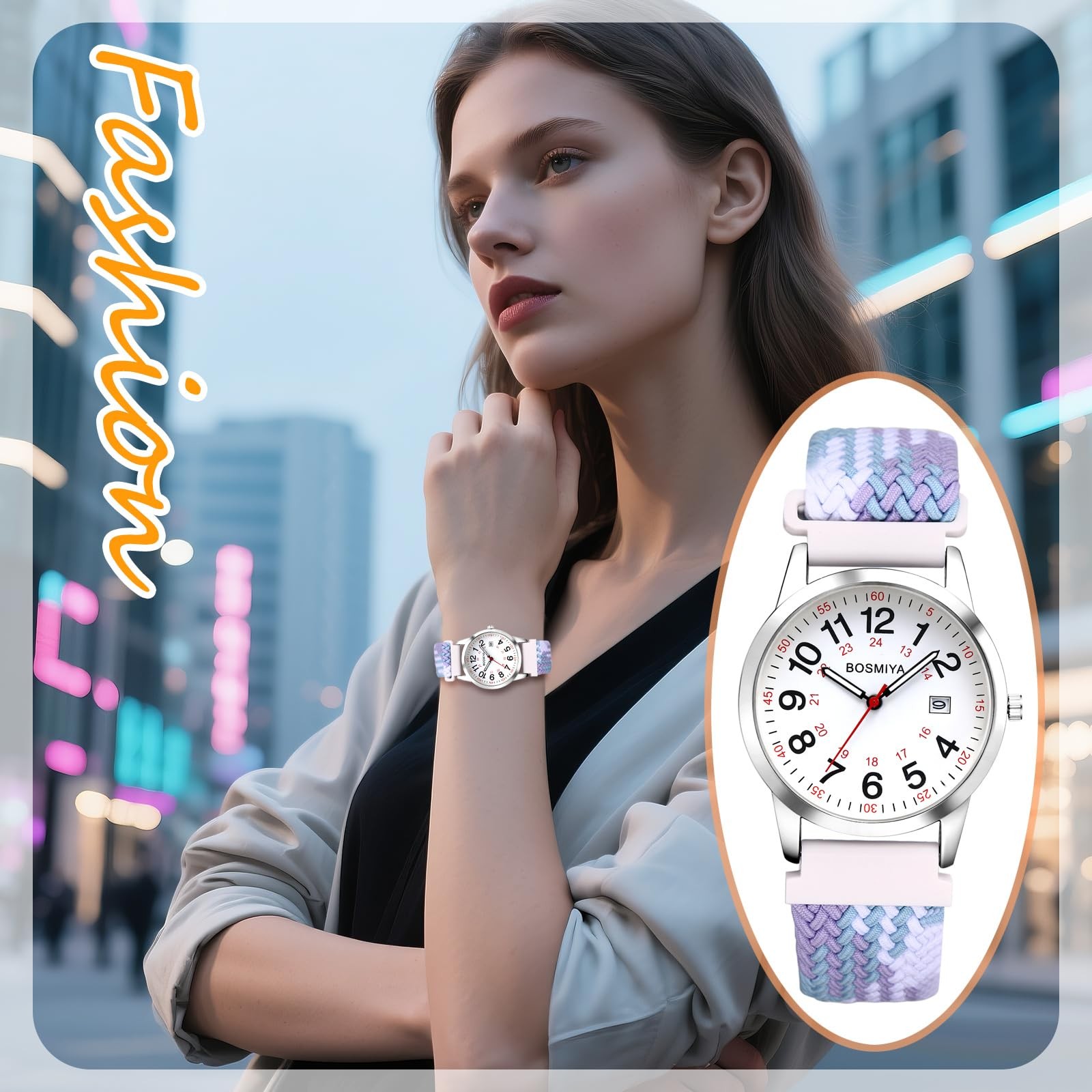 Lancardo Braided Elastic Strap Watch Analog Quartz 24Hour Adjustable White Pu…