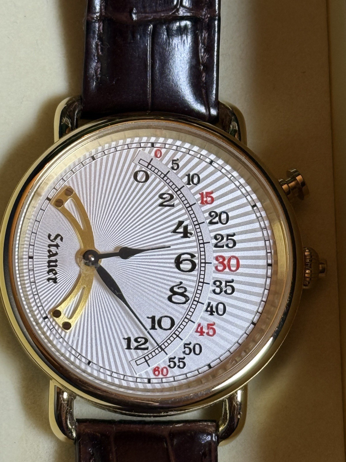 44mm 1920s RETROGRADE White Sunburst Dial | Goldtn Case| Brown Band STAUER Watch