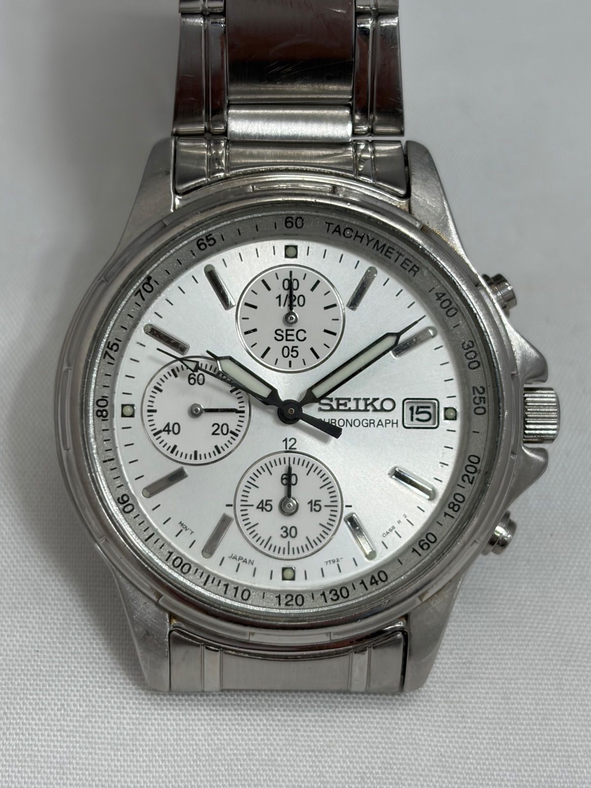 SEIKO 7T92-0BA0 Silver Chronograph Defective Stopwatch Watch From Japan