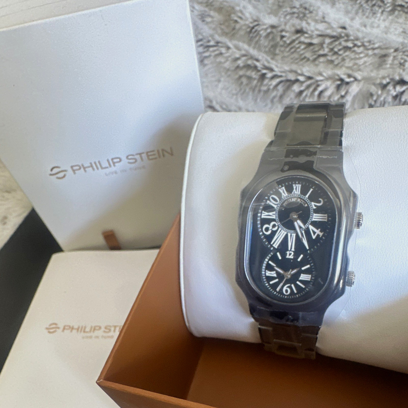 Philip Stein Signature Quartz Rectangular Black Dial Bracelet Watch w/Box Papers