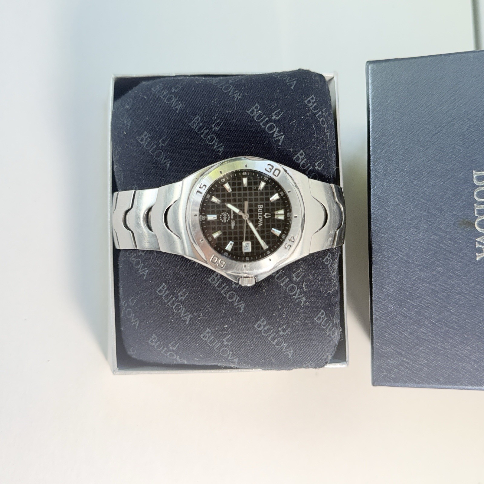 Bulova Marine Star Mens 38mm Blk Dial Silver Tone Date 96G14 New Batt, Full Kit