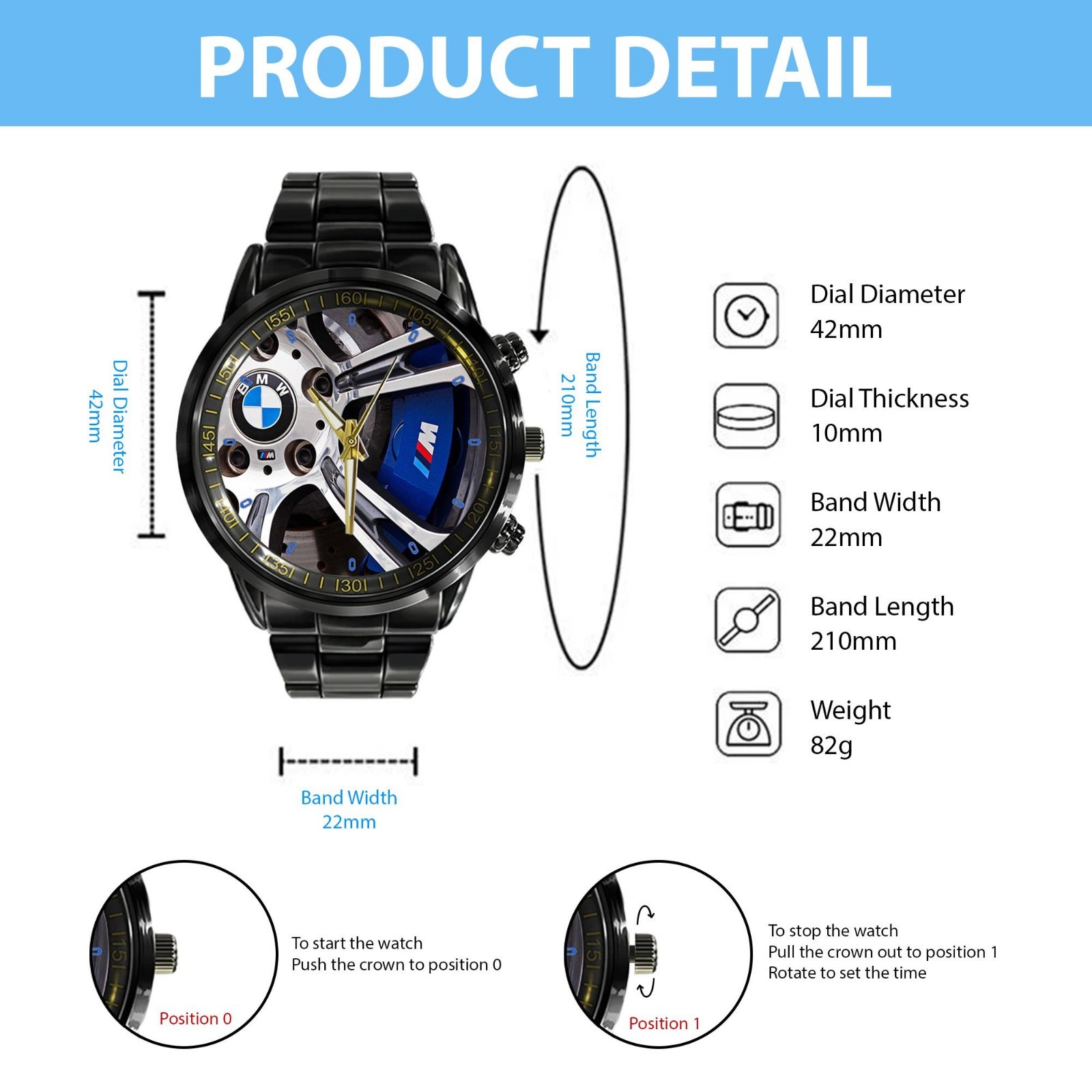 BMW M5 Style Stainless Steel Watch Water Resistant Wrist Watch