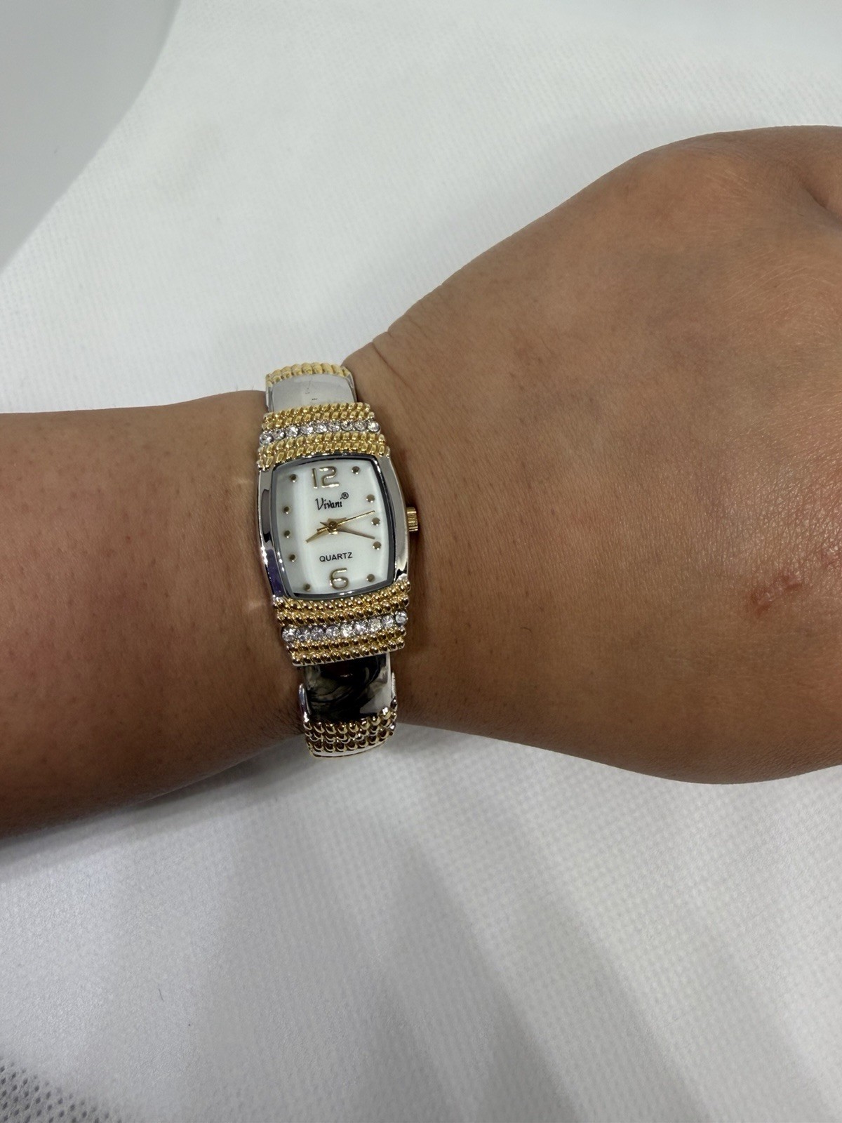 Vivani Quartz Bangle Watch Silver & Gold Tone Rhinestone Accent Women’s Watch