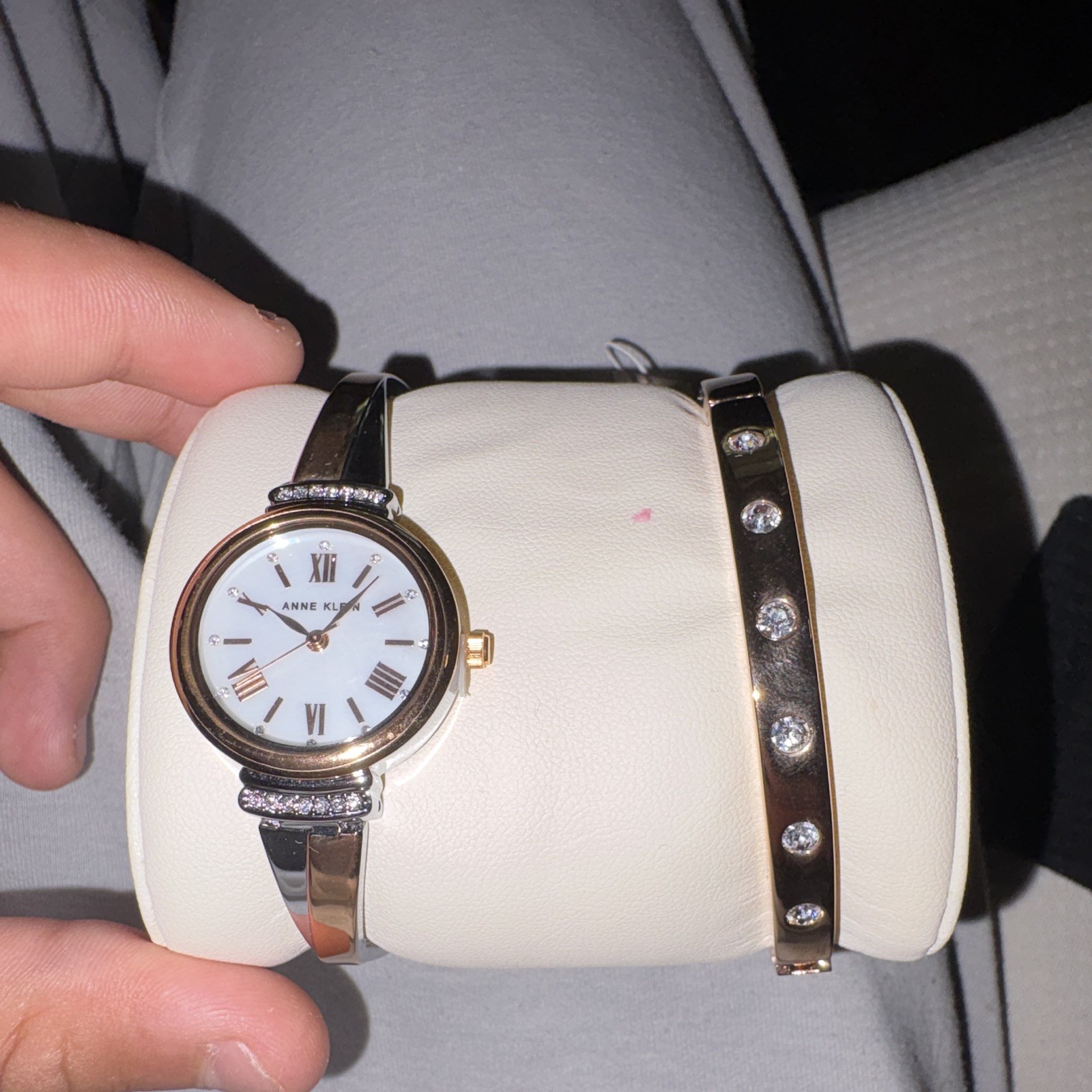 Anne Klein Women’s Dress Quartz Watch White Roman Dial Gold Case Silver Bangle