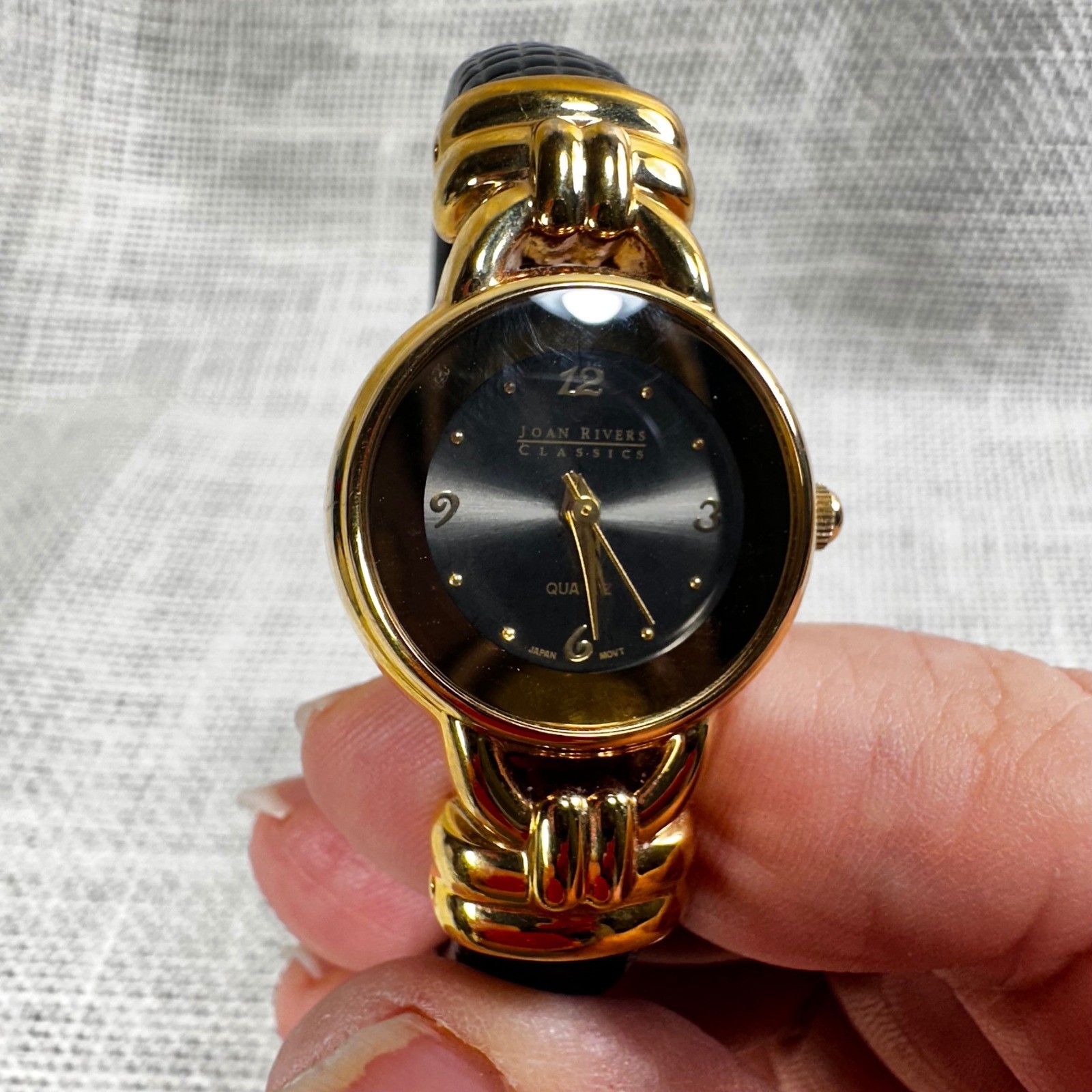 Joan Rivers Classics Womens Gold Tone Black Lizard Embossed Cuff Watch V377