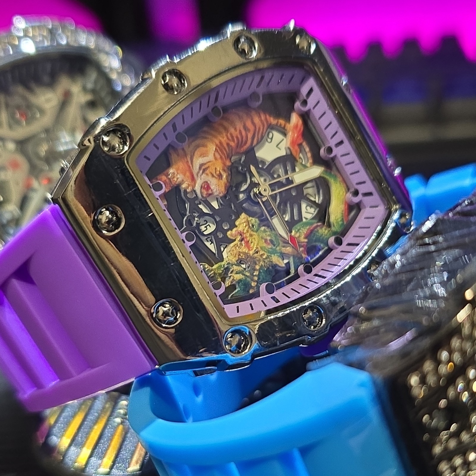 Luxury Watch Set Blue Purple Black Rubber Bands Skeleton Dial Stainless Steel