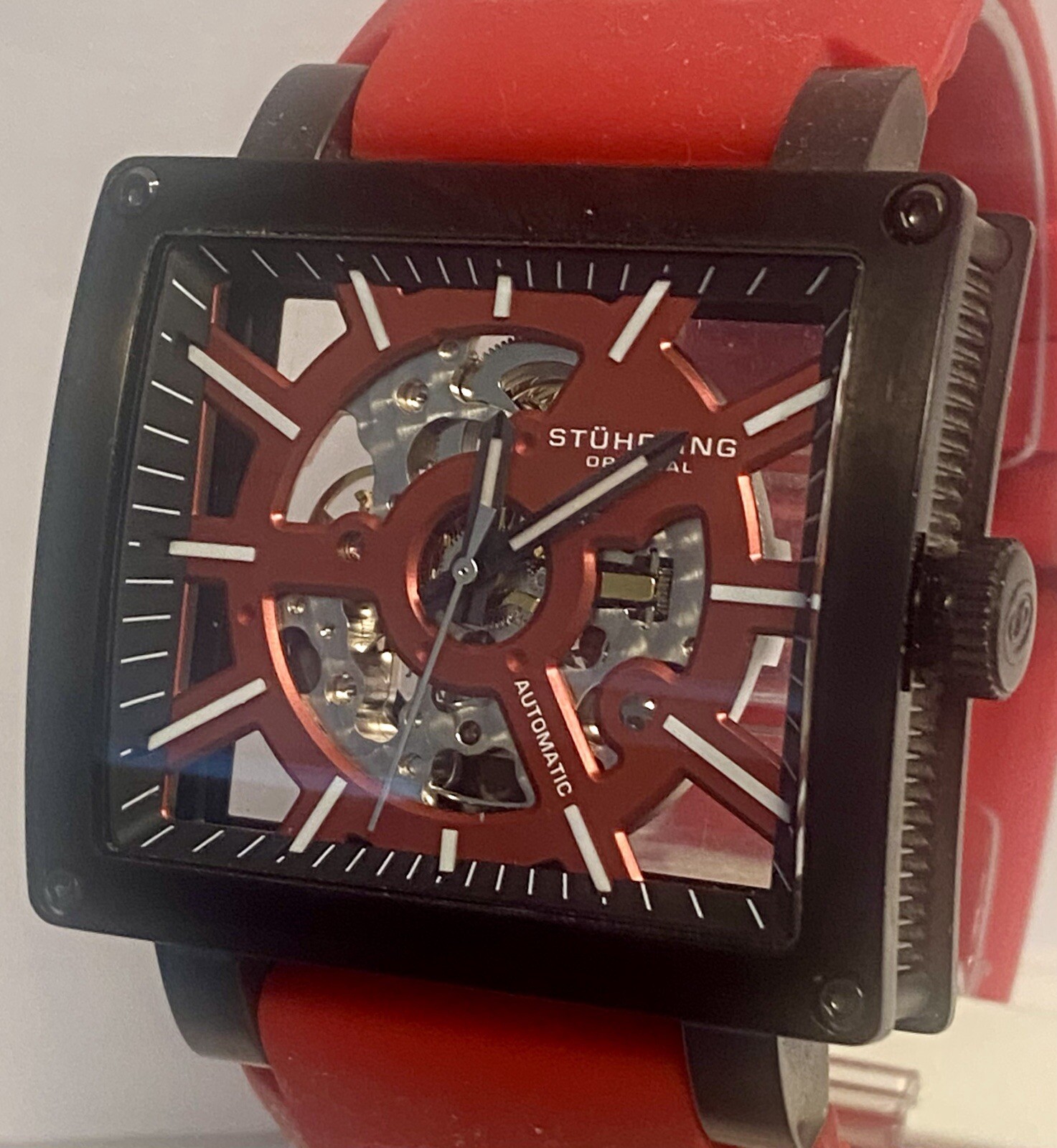46mm Auto Skeleton Black Rectangular Red Strap WILD AXIS Mens Watch by STUHRLING
