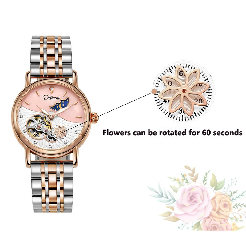 Women’s Automatic Flower Rotating Moonphase Watch Luxury Waterproof Luminous