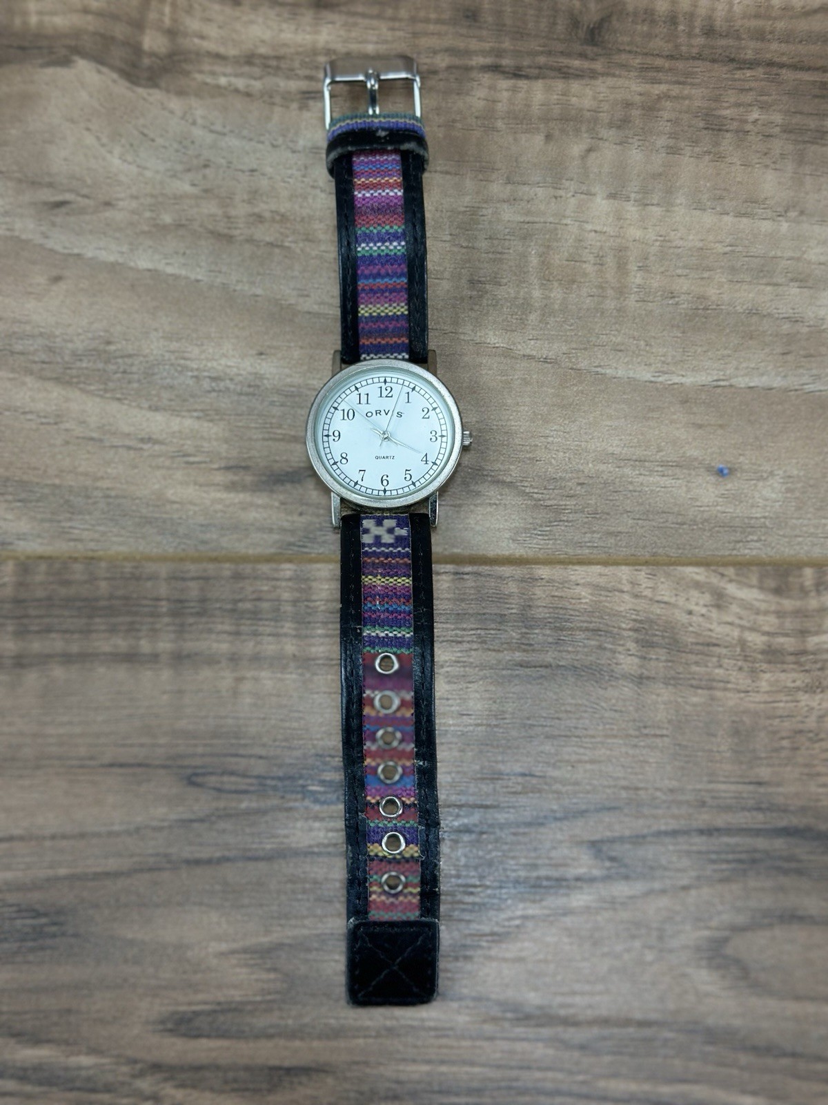 Orvis Quartz Analog Watch Silver Tone Case Colorful Woven Fabric Strap