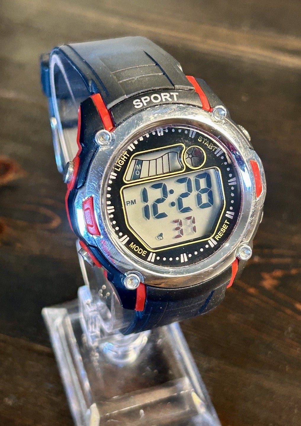 Accutime Digital Sport Watch Red Black Silver New Battery Light Works