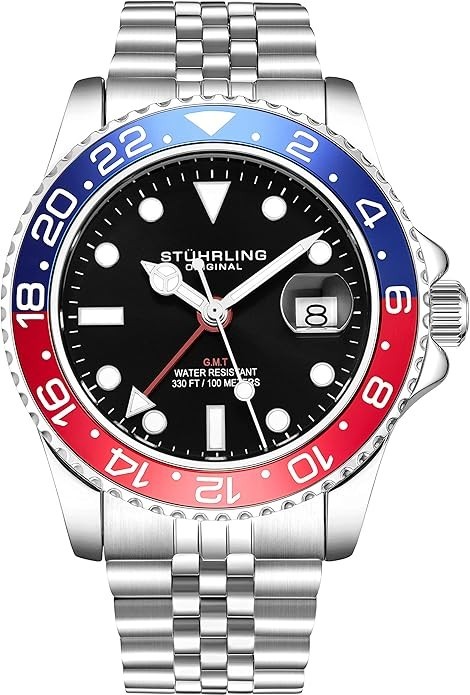 Stuhrling Meridian 3968.2 GMT QUARTZ Pepsi Black Dial Blue & Red Bezel Jubilee