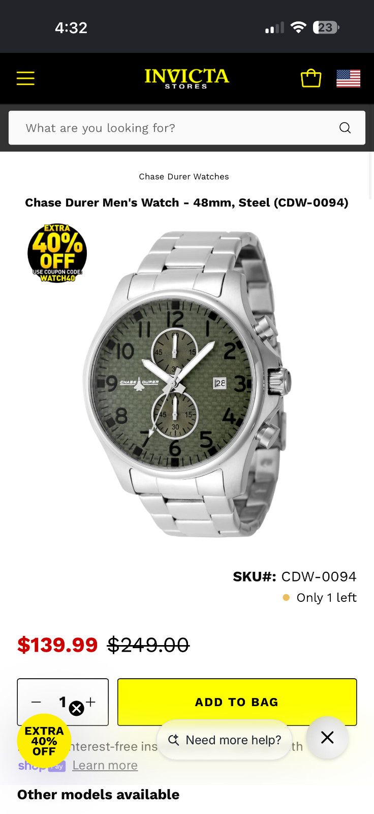 Chase Durer CDW-0094 Men’s Watch 45mm Steel Army Green Carbon Fiber Dial New!
