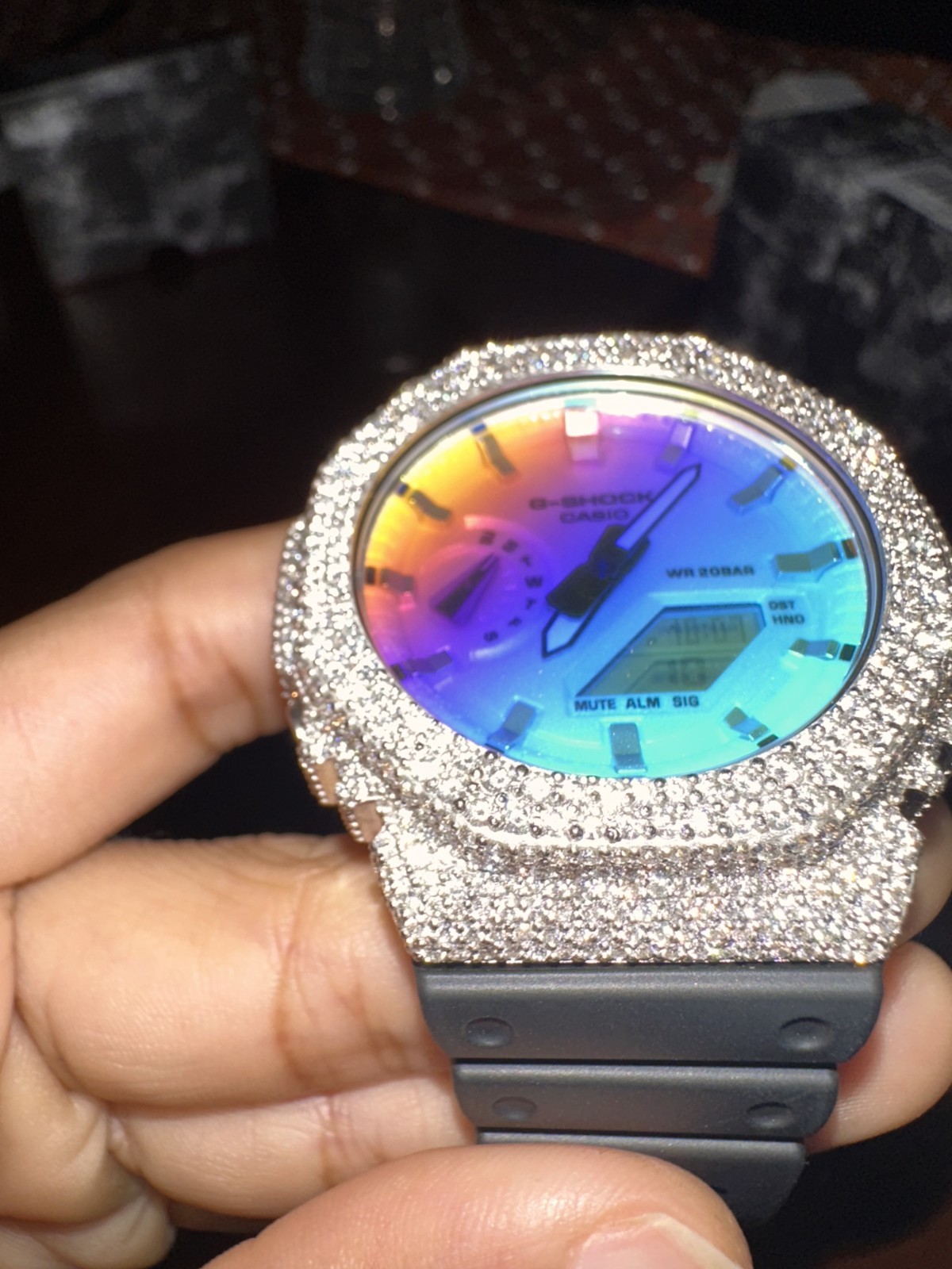 Casio Gshock GA2100 Rainbow Dial Iced Out VVS Moissanite Mod Watch
