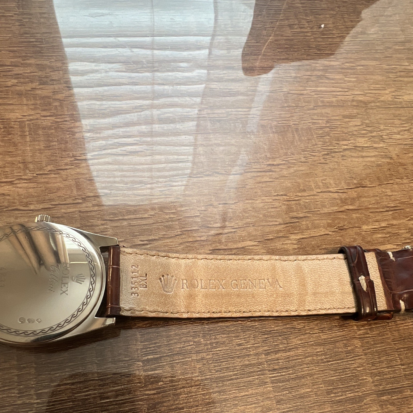 Rolex Cellini Men’s Quartz Dress Watch 33mm 18kGold Case Black Dial Brown Strap