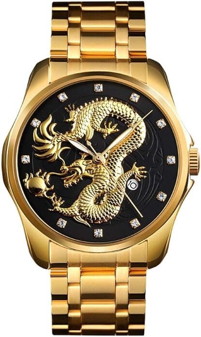 Men Luxury Gold Chinese Dragon Carved Dial Diamond Quartz Watch Casual Waterproo