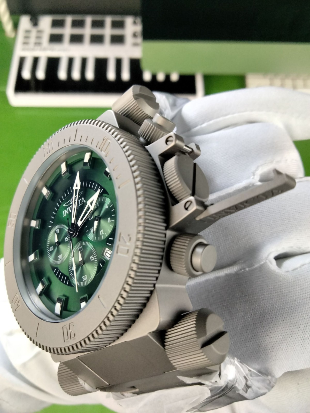 Invicta Coalition Forces SS/Titanium Case & Bracelet Green Dial Chrono Men Watch
