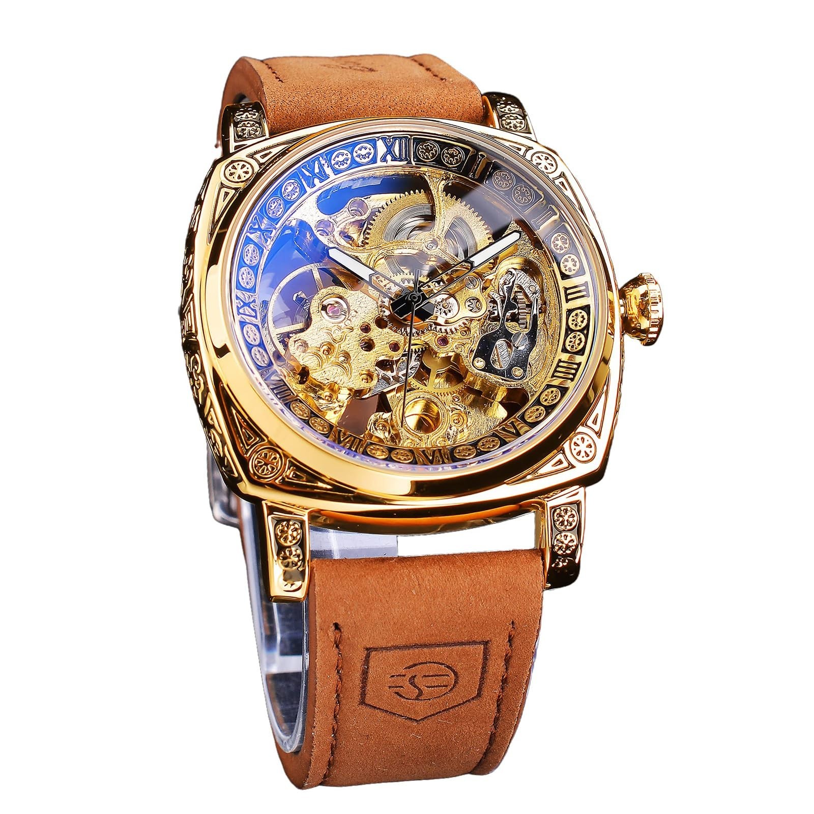 Square Retro Mechanical Watch, Skeleton Automatic, Vintage Leather Strap, Men’s