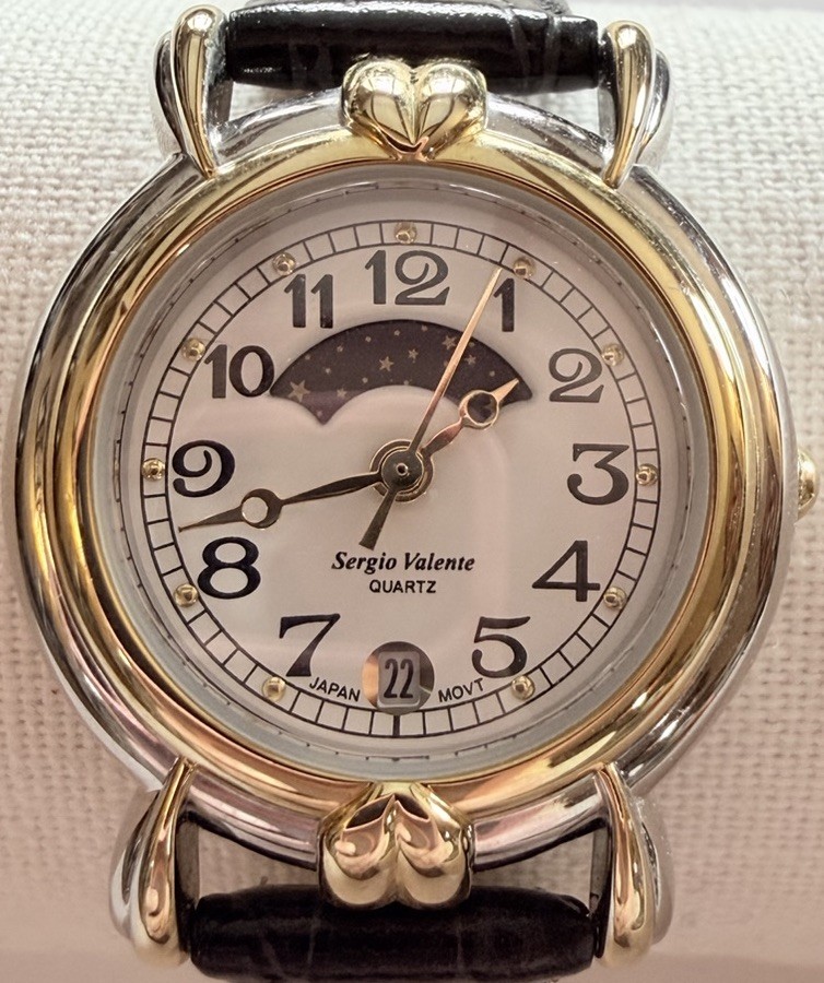 Sergio Valente Ladies Watch Two-Tone Moon Stars Sun Date Tested & Works