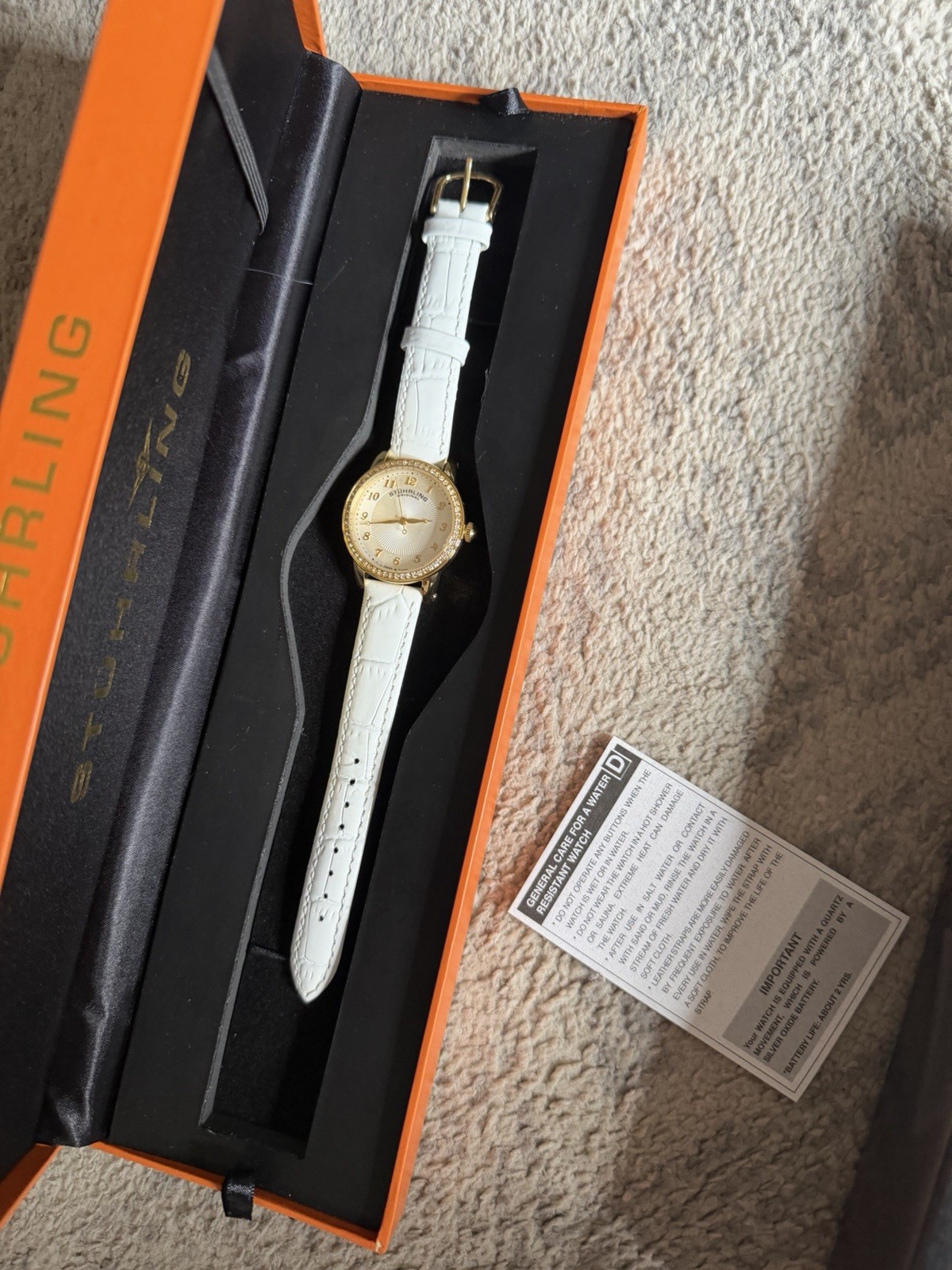 Stührling Original Women’s Quartz Analog Gold Case White Leather Strap Box