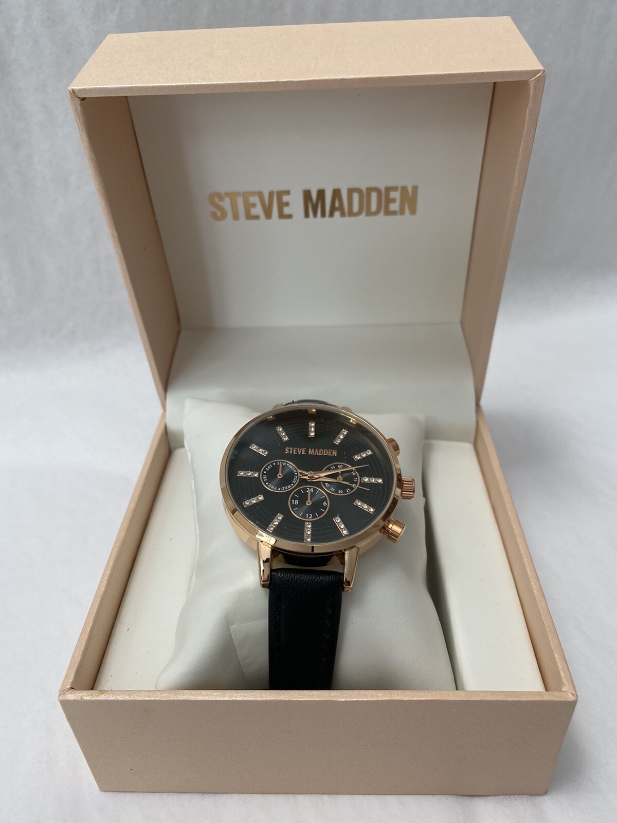 New Steve Madden Black/Rose Gold Watch Rhinestones and Black Leather Band (SH1)