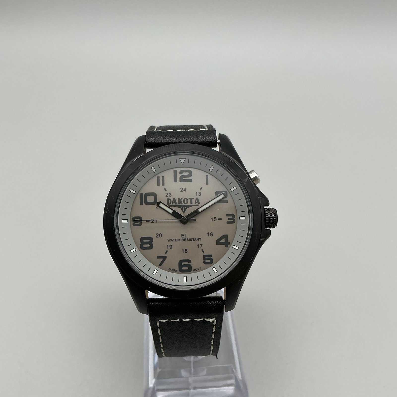Dakota Mens Watch 42mm Gray Dial Black Case Leather Band Backlight New Battery