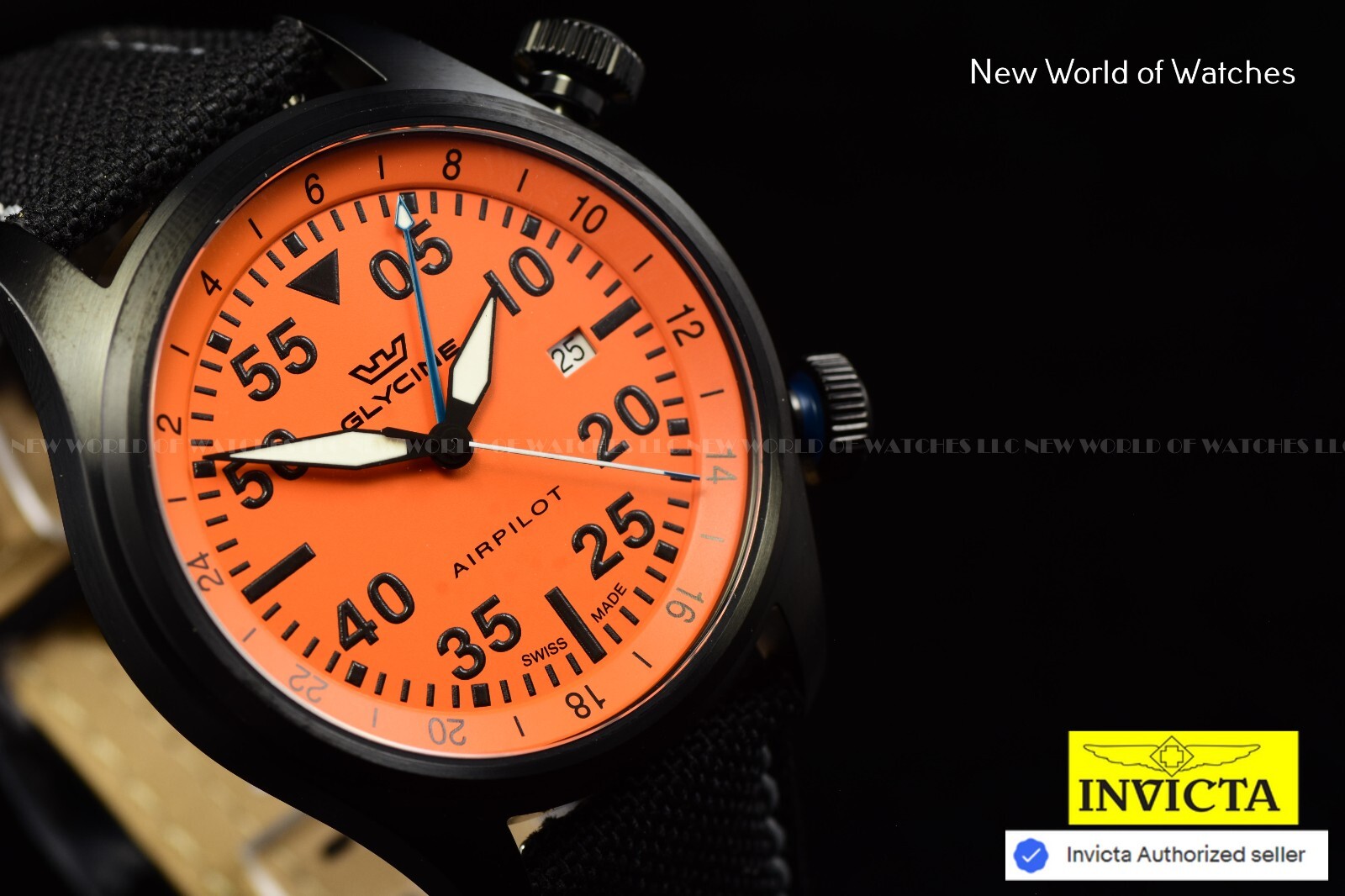 GLYCINE Men’s AIRPILOT GMT 44mm Orange Dial Black Cordura Band Swiss Watch