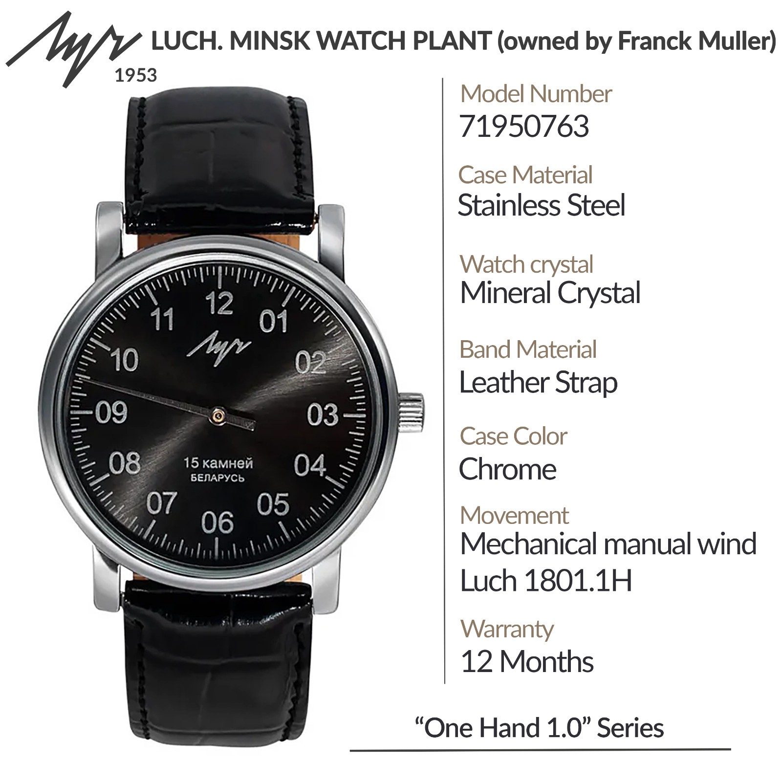 Luch One Hand 77471760 36mm White Chrome Case with Black Leather Band Men’s…