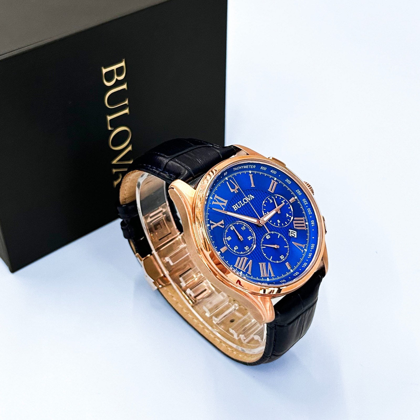 Bulova Men’s Classic Wilton 97B170 Blue Dial Leather Strap Quartz Watch 46mm