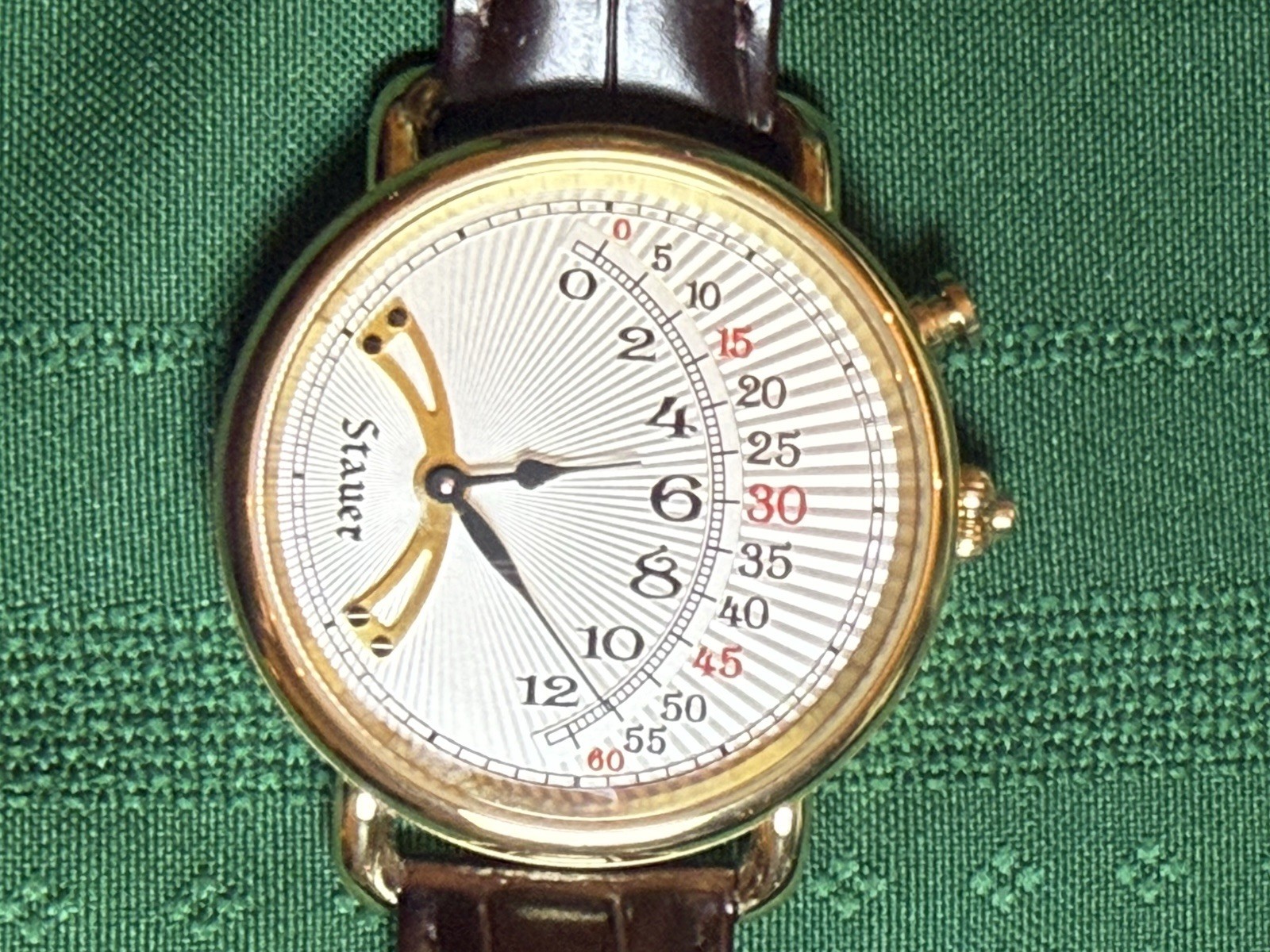 44mm 1920s RETROGRADE White Sunburst Dial | Goldtn Case| Brown Band STAUER Watch