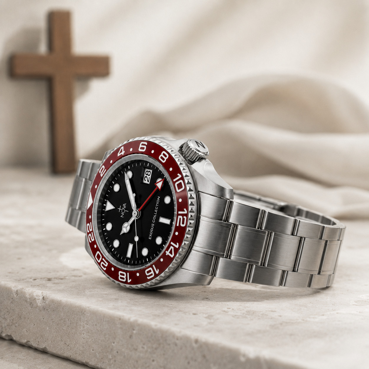 Custom Watch Nova Christian Exodus Red Bezel Black Dial Date Steel Men’s