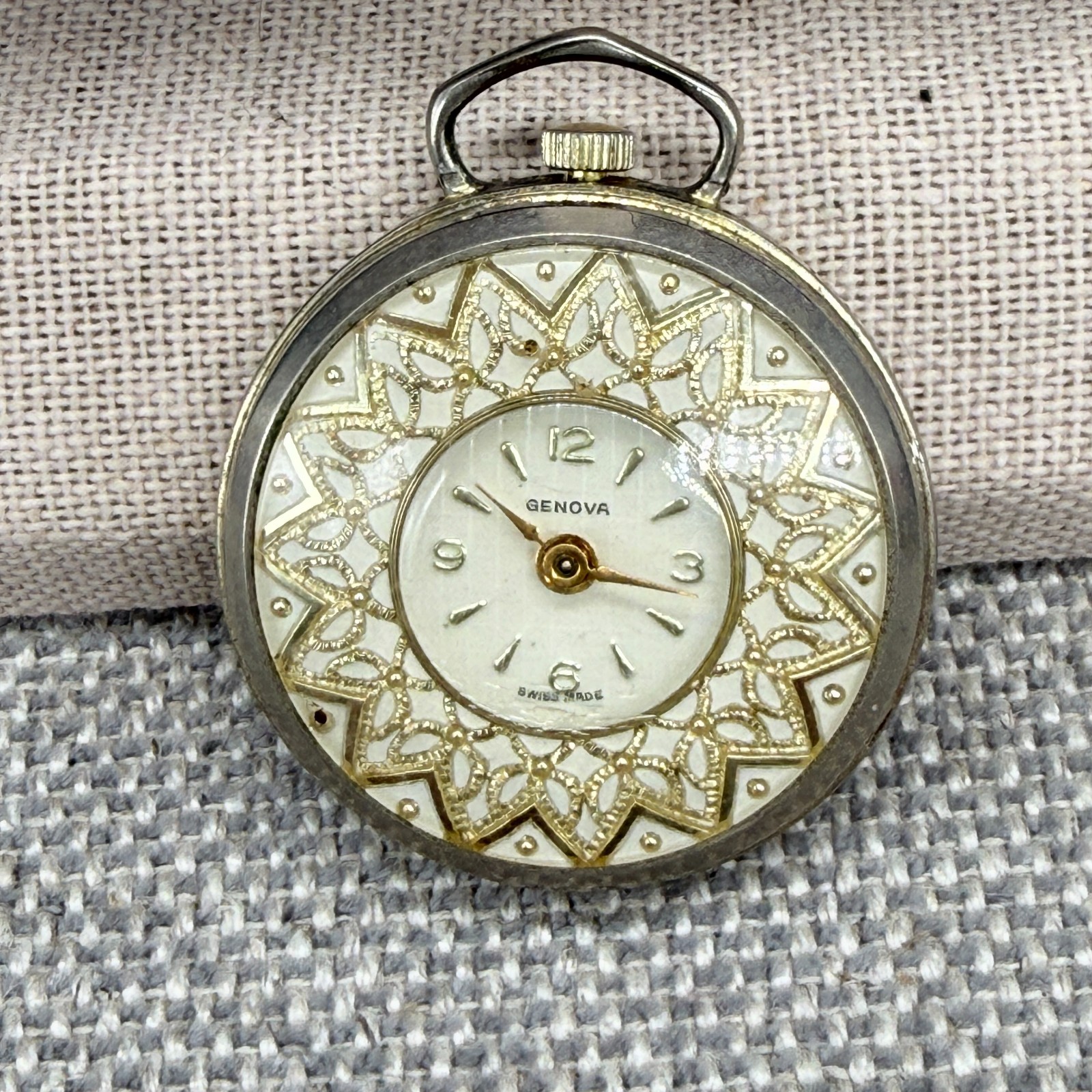 Vintage Genova Pocket Watch Swiss Made 1 Jewel Intricate Design READ