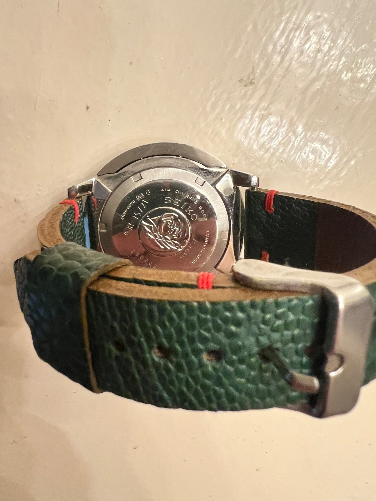 ⁠Seiko Custom DIVER 4R36 AUTOMATIC “Baby Tuna” Green Dial Toad Leather Watch