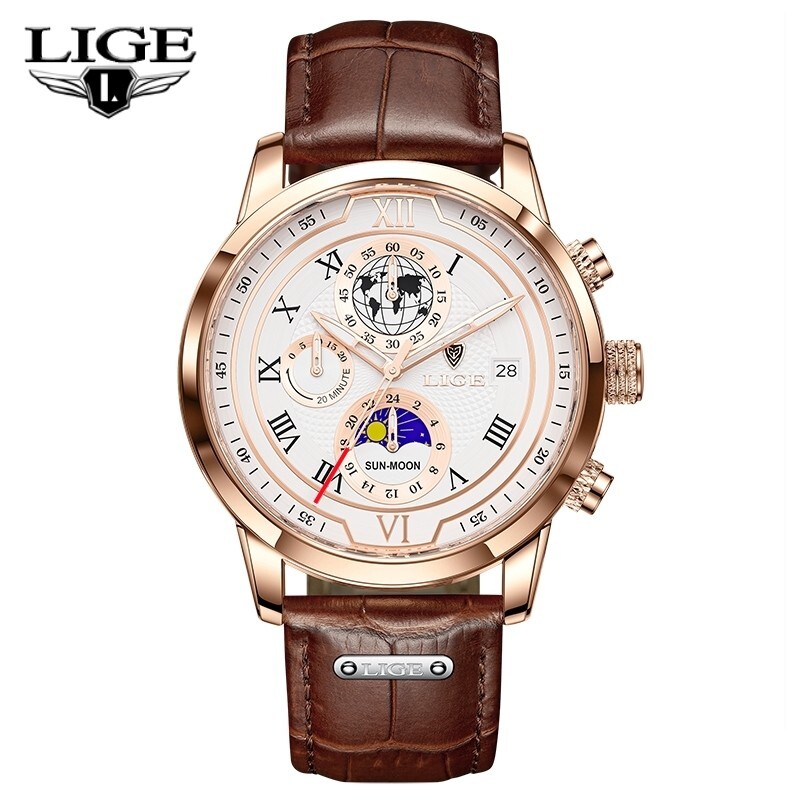 Men Casual Watch Quartz Luminous Calendar Moon Phase Waterproof Daily Wristwatch