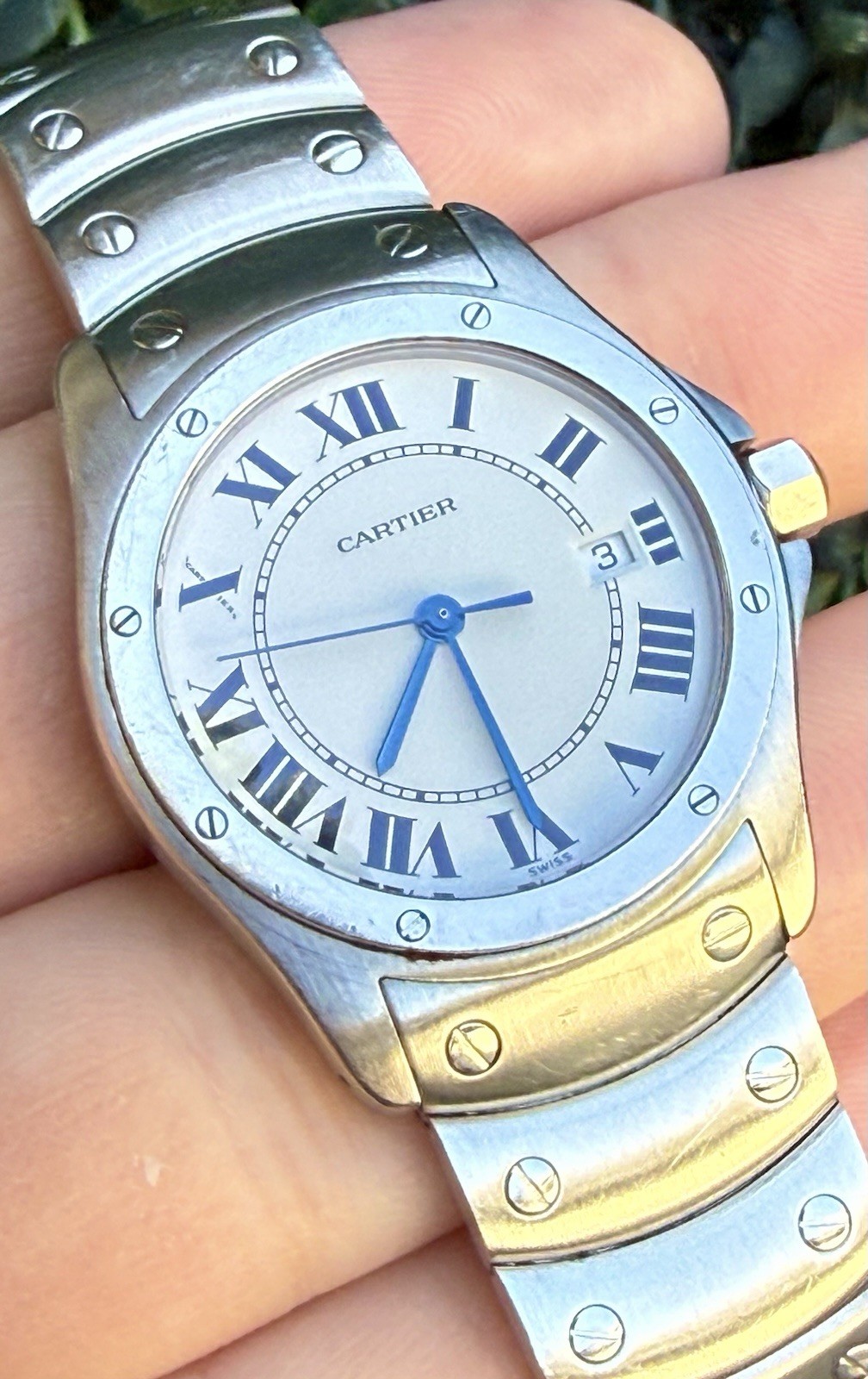 Vintage Cartier Santos Ronde Date 1561 White Roman Dial 30mm Steel Watch Only