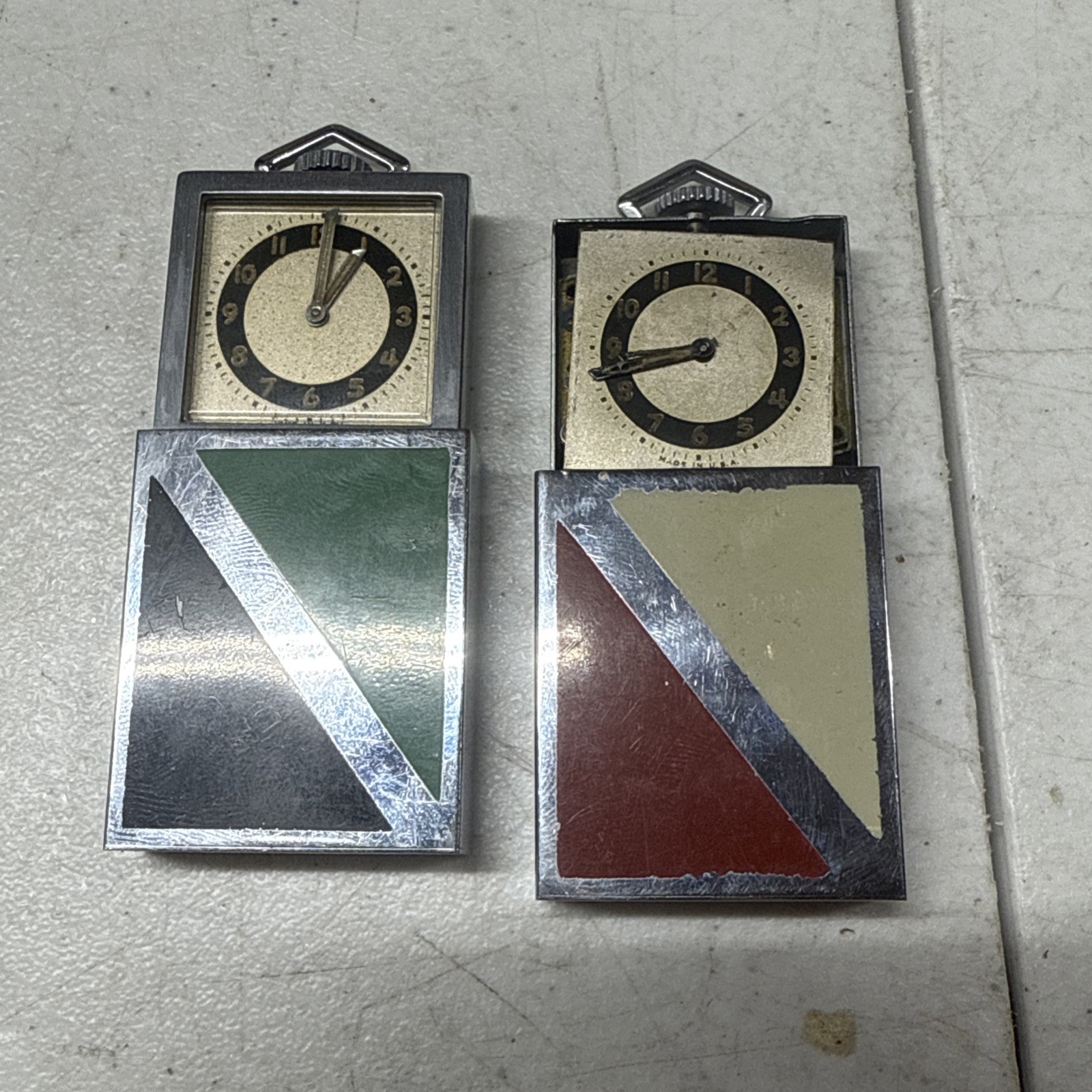 2 Vintage Art Deco Ingersoll Compact Travel Chrome Watch USA Works READ