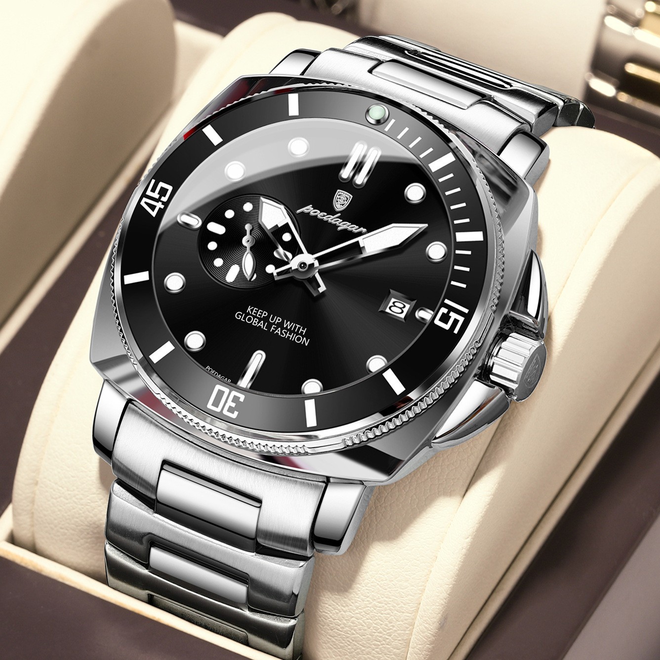 POEDAGAR Men’s Quartz Diver Watch Steel or Nylon Strap Luminous Date Display