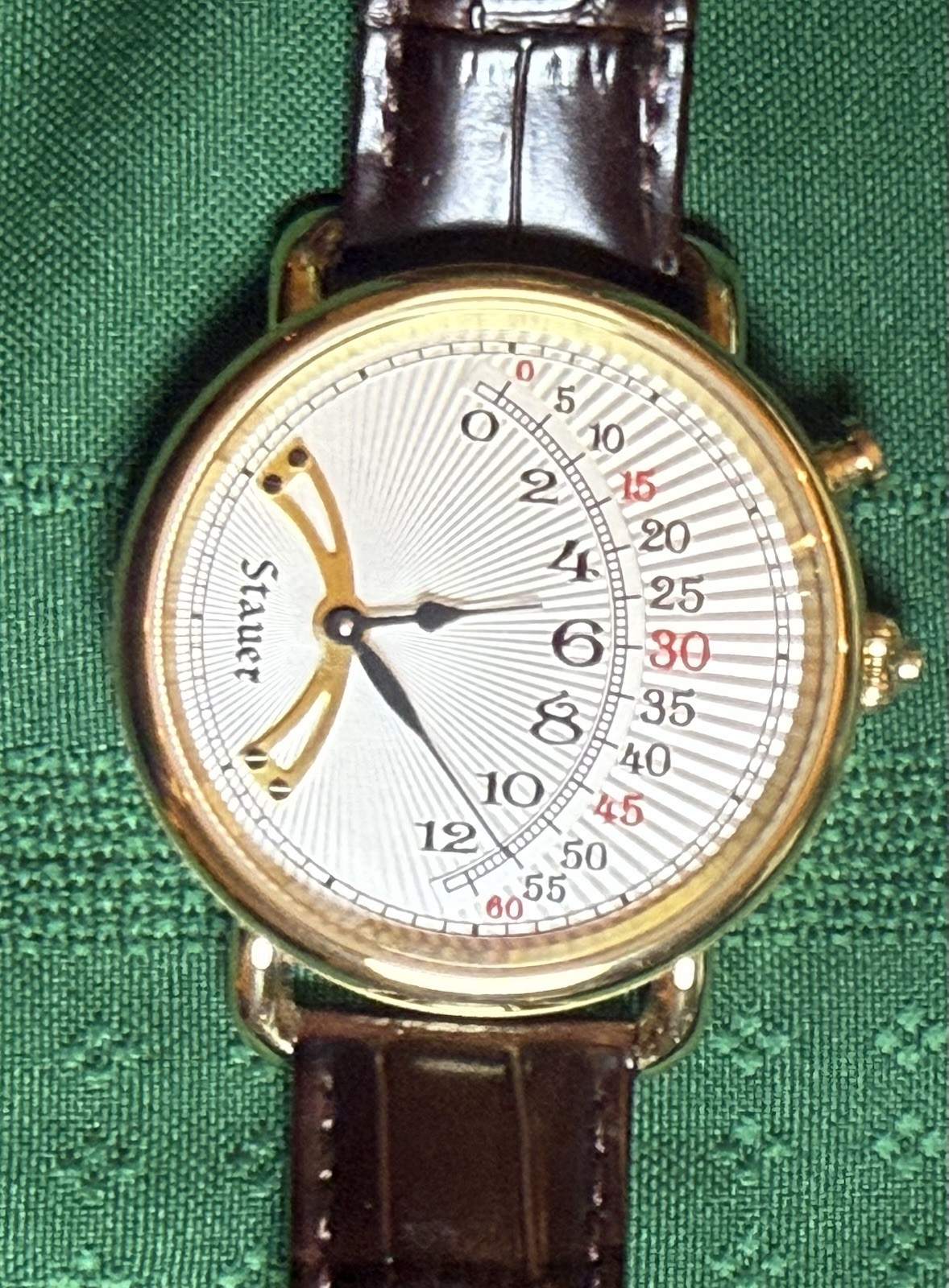 44mm 1920s RETROGRADE White Sunburst Dial | Goldtn Case| Brown Band STAUER Watch
