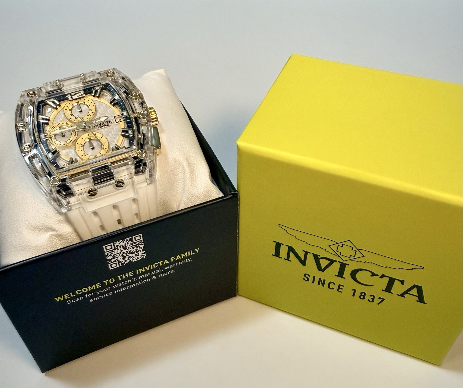 Invicta S1 Rally 42mm Gold Dial Clear Quartz Chronograph White Silicone Watch 70