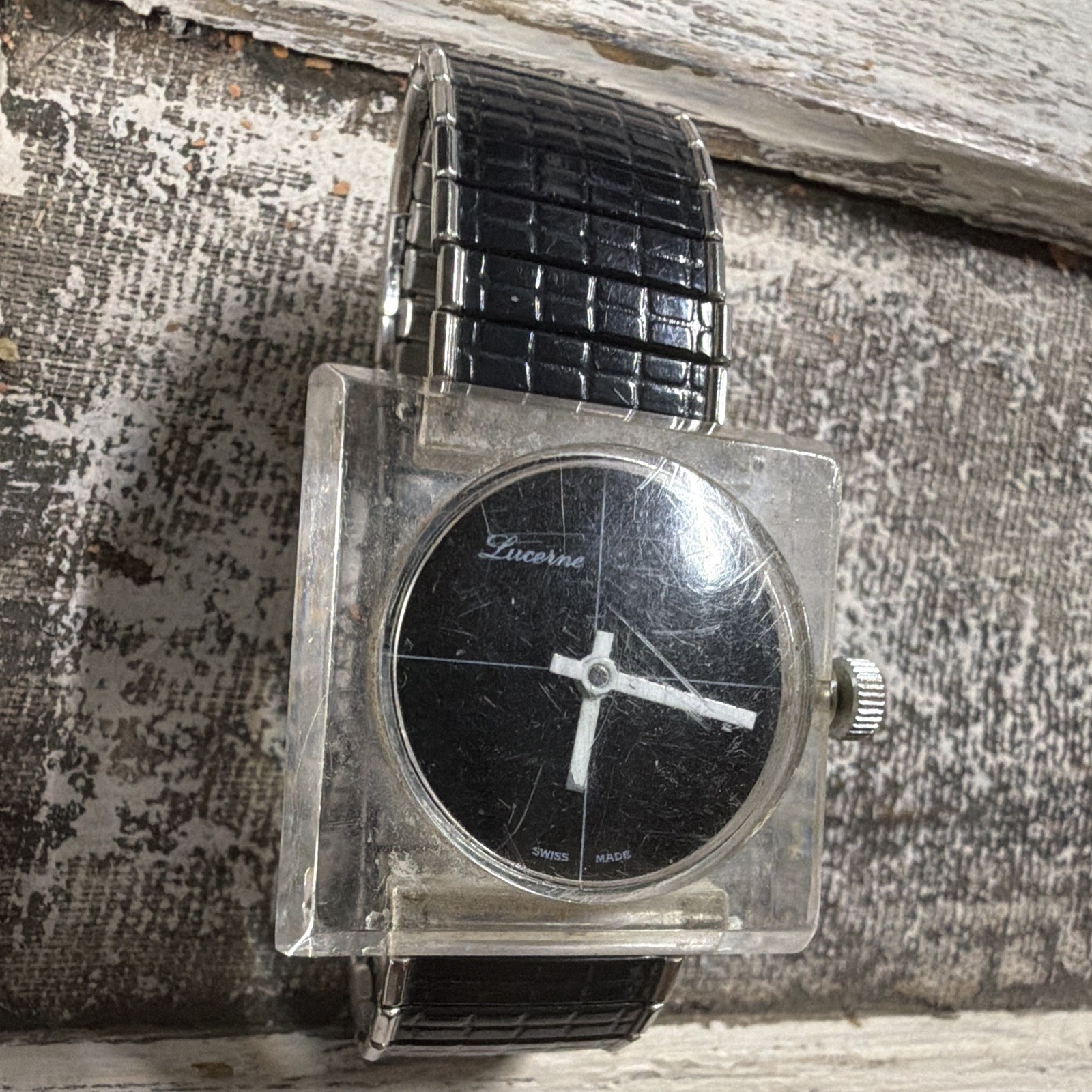 Lucerne Swiss Made Vintage Manual Mechanical Square Clear Case Black Dial