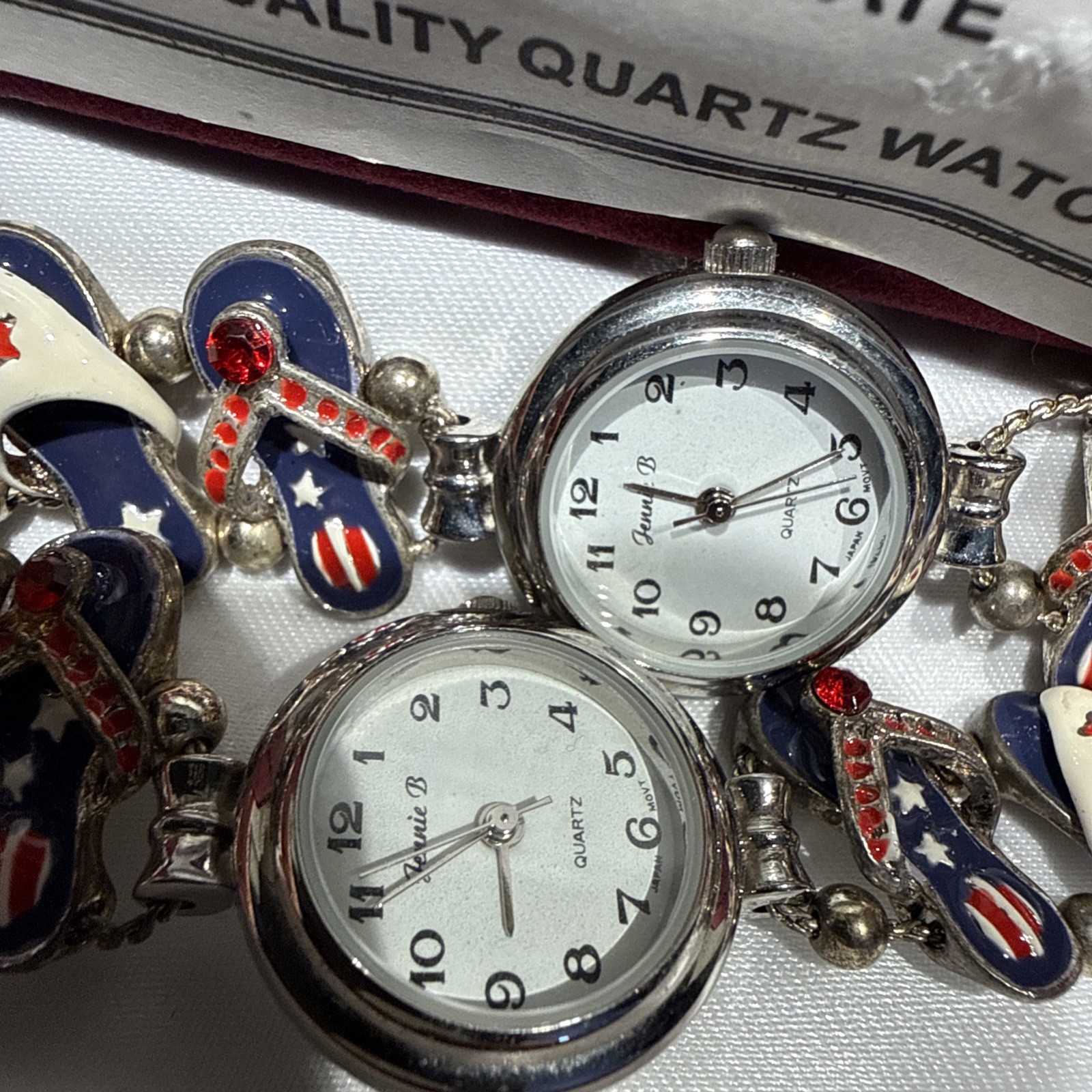 Rare Pair Lot of 2 Ladies Jennie B Red/White/Blue Flip Flop Watch with Case